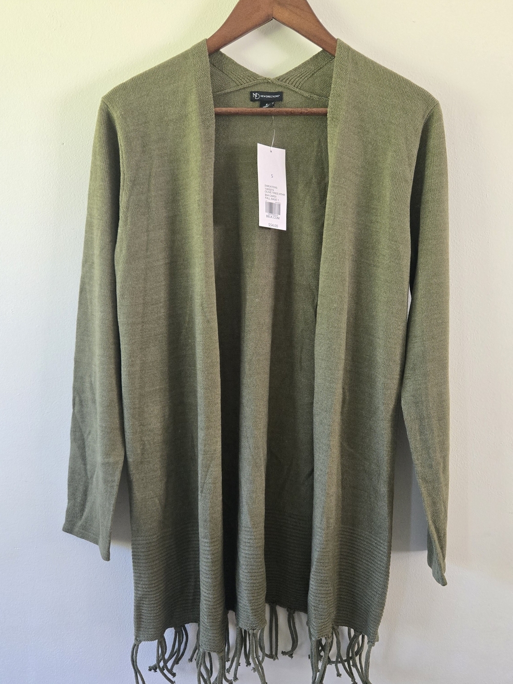 Women's Fringe Open Front Cardigan Olive Green Small NWT